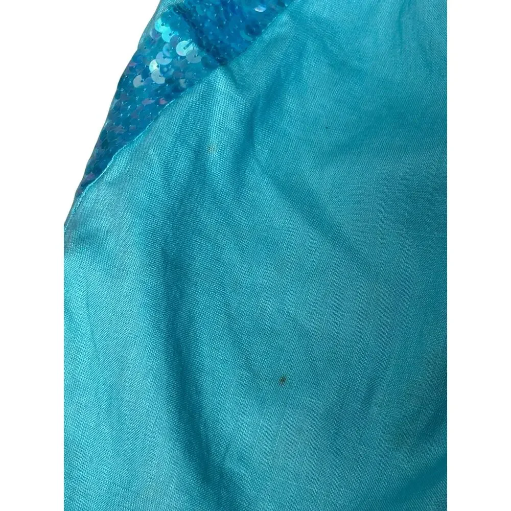 Vintage Aqua Linen Sequin Trim‎ Shorts High Waist Pleated Walking Shorts Mermaid